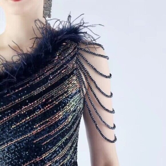 Navy, One Shoulder Beaded, Feather Neck, Sequined/ Mesh, Gradient Mermaid Gown - Picture 7 of 16